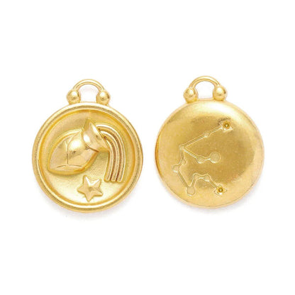 Set of 5 Stainless Steel Zodiac Charms, Round Zodiac Pendants, DIY Jewelry Making Supplies, Wholesale, Metal Color: XF500-x5, Parallel Import