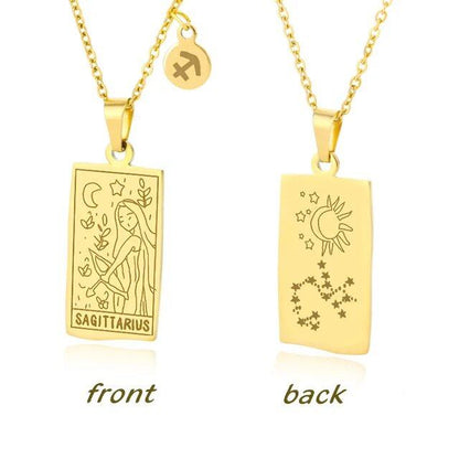 Stainless Steel 12 Zodiac Sign Necklace for Women, Zodiac Pendant, Gold Plated Square Clavicle Chain, Birthday Jewelry, Metal Color: Parallel Import