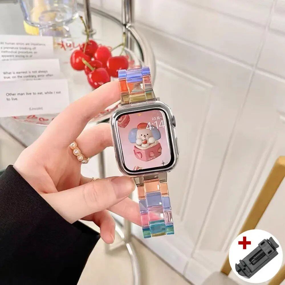 Rainbow Resin Transparent Band for Apple Watch Ultra 2 (49mm, 10, 46mm, 7, 8, 9, 41, 45mm, 38, 40, 42, 44mm) - iWatch SE, 6, 5 Strap. Band Color: ; Ships from: Parallel Import