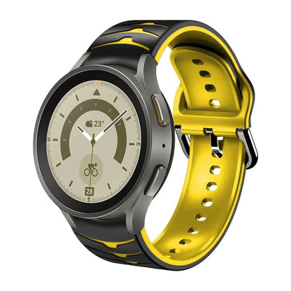 Compatible with Samsung Galaxy Watch 5 Pro (45mm), 6/5/4 (40mm), and 44mm. Two-tone silicone strap with no-grip. Compatible with Galaxy Watch 6/4 Classic (47mm), 43mm. Band Color: Compatible with Galaxy Watch 4, 5, 6, and 7. Parallel import.
