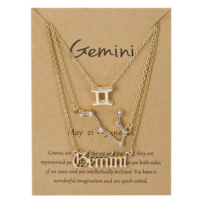 Set of 3 Women's 12 Zodiac Sign Necklaces with Pendant Chains, Chokers, Birthday Jewelry, Cardboard Cards, 45cm Long; Metal Color: 6252, Parallel Import