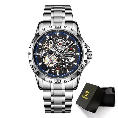 Grenau Steampunk Skeleton Men's Watch with Ring, Luxury Automatic Mechanical Watch, Luminous and Waterproof, Stainless Steel Strap, Parallel Import