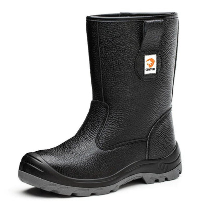 Men's Waterproof Mid-Length Safety Boots, Leather Work Boots, Impact and Puncture Resistant, Industrial Protective Boots, Cowhide Leather, Color: Black, Parallel Import
