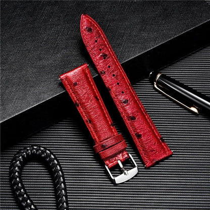 Ostrich-look leather strap, soft quick release, available in 18mm, 20mm, and 22mm sizes. Available in blue, black, red, and brown. Band color: mm. Parallel import.
