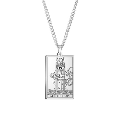 Dawapara Cups Tarot Card Link Chain Pendant Necklace, Vintage Amulet Necklace for Men and Women, Stainless Steel, Parallel Import