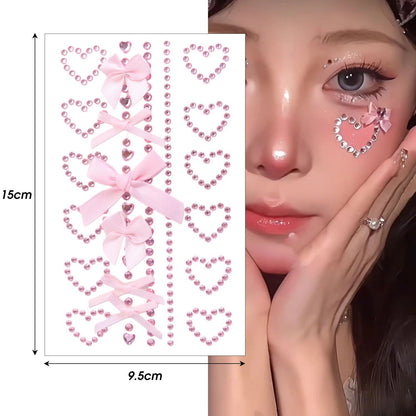 1/6 Piece Pink Ribbon Bow Sparkly Craft Face Jewelry Crystal Diamond Tattoo Stickers Cute Adhesive Heart Body Art for Parties (Parallel Import)