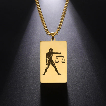 Men's 12 Zodiac Signs Pendant Necklace with Box Chain, Ancient Greek Style, Stainless Steel, Fade-Resistant, Zodiac Astrology Gift, 60cm Long; Metal Color: Parallel Import
