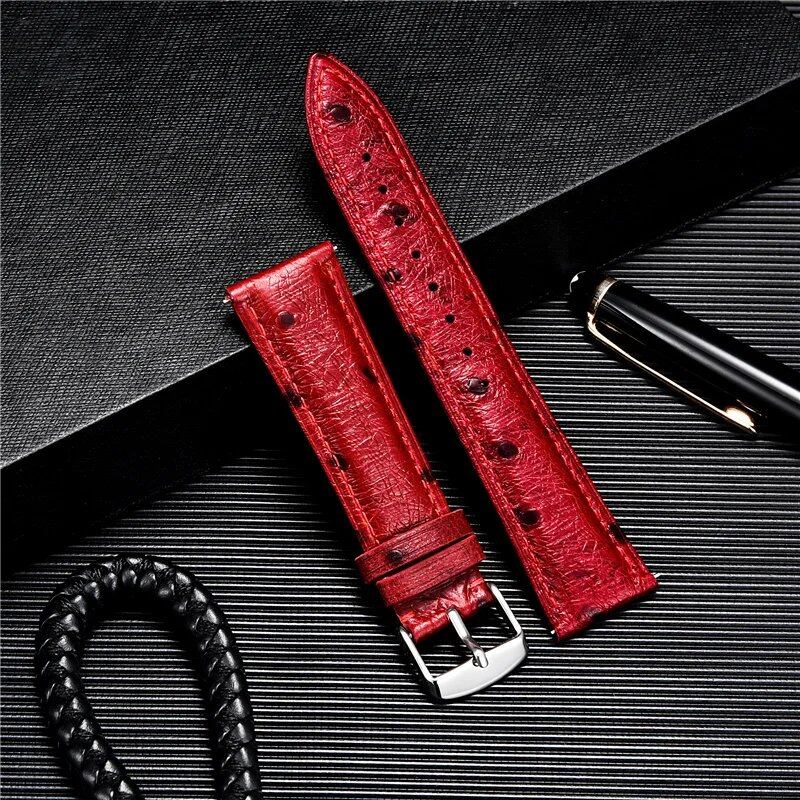 Ostrich-look leather strap, soft quick release, available in 18mm, 20mm, and 22mm sizes. Available in blue, black, red, and brown. Band color: mm. Parallel import.