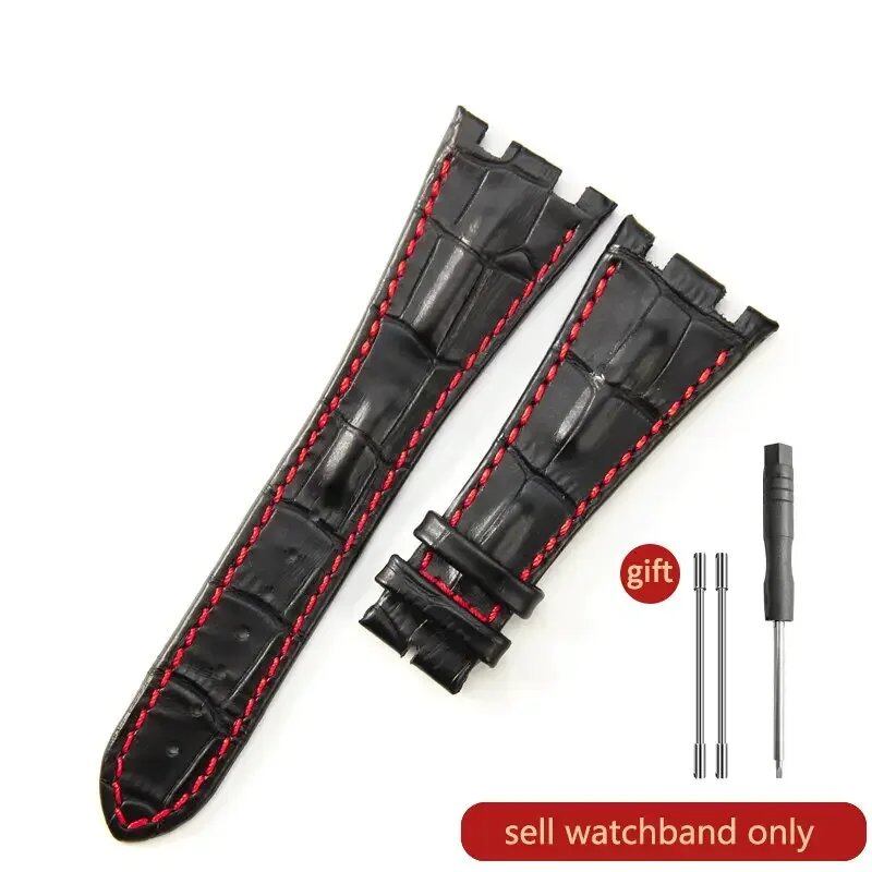 Sweat-resistant cowhide leather watch strap with folding buckle for AP Royal Oak Offshore models 15710, 15703, 15706, 26470, 26170, 26133, 26471, and 26474. Band Color: Brown; Band Width: 28mm. Imported.