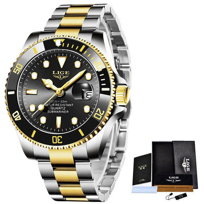 LIGE Top Brand Luxury Men's Dive Watch, 30 ATM Water Resistant, Date Display, Quartz Movement, Relogio Masculino, Color: Parallel Import