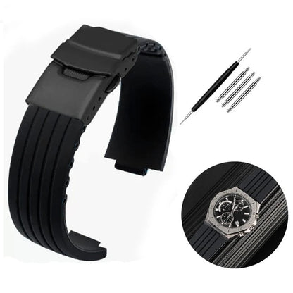 Silicone rubber watch band with striped design and convex ridges for Auris/Aquaris 7330/7740. Available in black and blue. Available in 22x12mm, 24x11mm, and 24x12mm. Ships from: Parallel import.