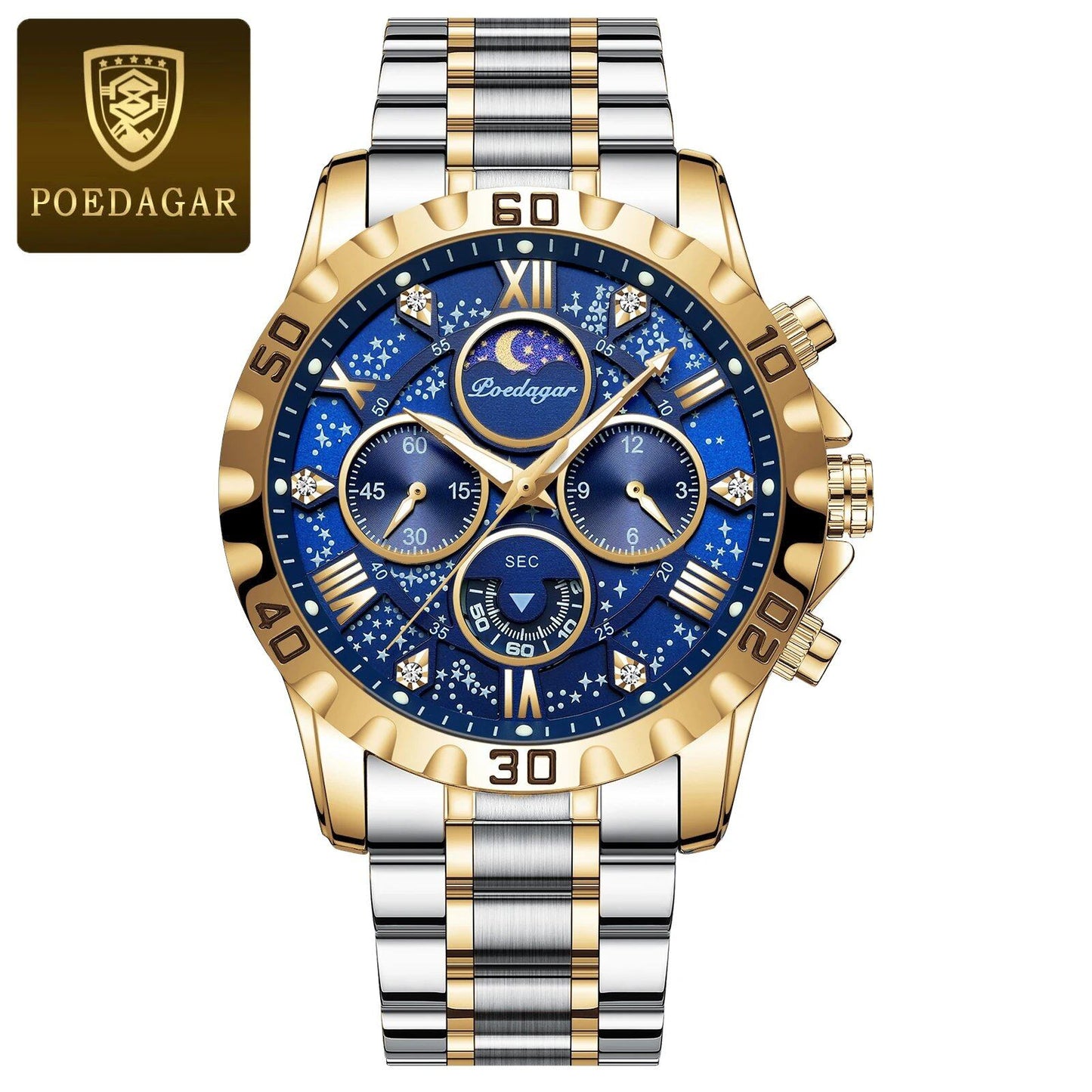 POEDAGAR Luxury Men's Military Sport Quartz Watch with Luminous Chronograph, Stainless Steel, Color: 973, Imported