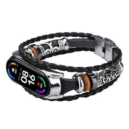 Leather Watch Band for Xiaomi Mi Band 6, 5, 4, 3, Ethnic Retro Style Smart Band, Fashion Accessory, Band Color: Parallel Import