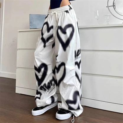 Love Graffiti Women's Wide Leg Pants, Y2K Style, Stretch High Waist, Streetwear, Loose Drawstring, Jogging Pants, Korean Style, Casual Sweatpants, Size: 100% Cotton, Color: White, Parallel Import