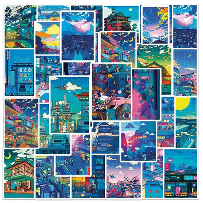 10/30/50 Sheets of Anime Night View Street Painting Prints, Cute Art Stickers, Cool Decals for Skateboards, Laptops, and Smartphones, Color: Street Night, Parallel Import