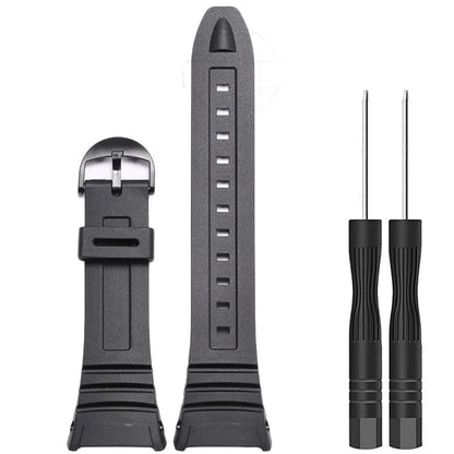 Replacement waterproof sports watch band with pin buckle for Casio W96H (W-96H). Black buckle; 28mm width; Ships from: Parallel import.