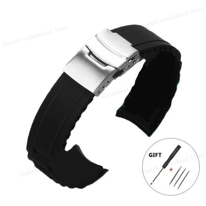 20/22mm Soft Rubber Bent End Silicone Watch Band with Folding Buckle, Waterproof, Men's Wrist Strap, Black Band, Parallel Import