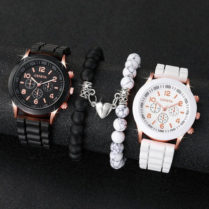Set of 4 Stylish Couple Watches, Silicone Bend Analog Quartz Watches with Magnetic Heart Bracelets, Color: HH10002, Parallel Import