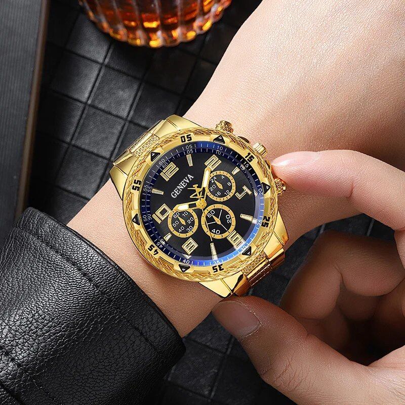 New Fashionable Luxury Men's Business Quartz Watch with Round Faux Three-Hand Movement, Large Dial, Color: Parallel Import