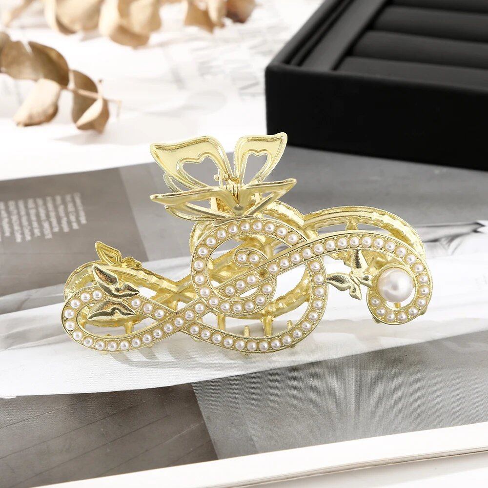 10.5cm Note Hairpin for Women, Shiny Color, Ponytail Hair Claw, Pearl, Rhinestone, Butterfly Hair Accessory, Parallel Import