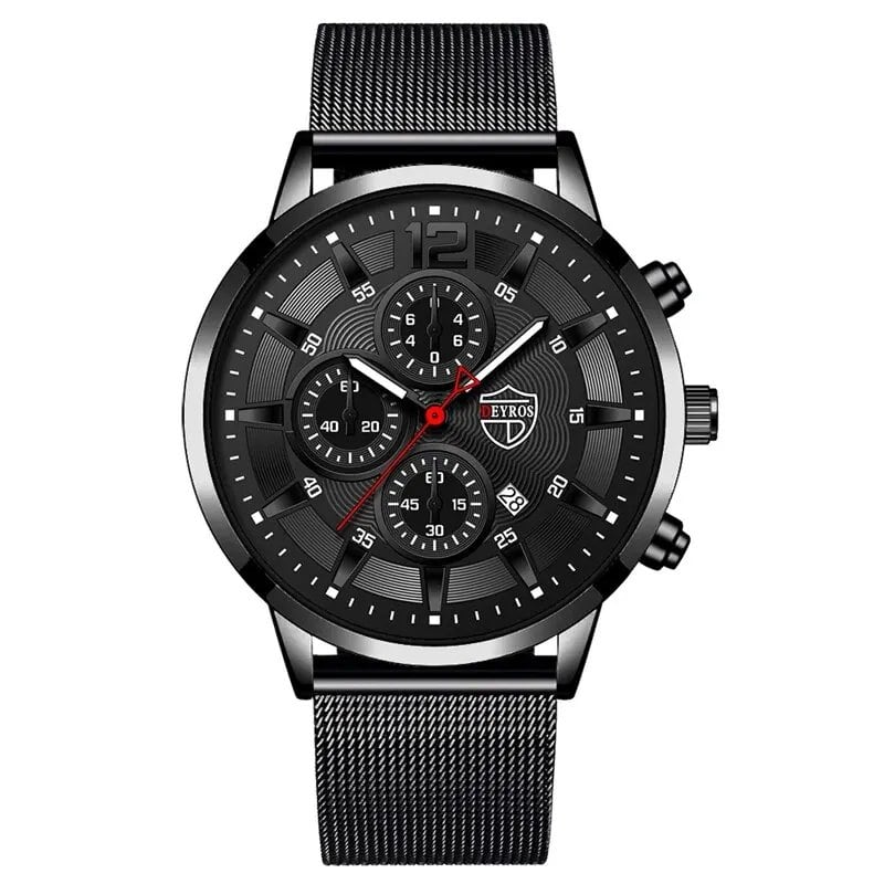 DEYROS Men's Fashion Minimalist Quartz Watch, Business Casual Style, Simple Design, Stainless Steel Mesh Band, Leroch Ombre Design, Color: Black, Parallel Import