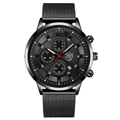 DEYROS Men's Fashion Minimalist Quartz Watch, Business Casual Style, Simple Design, Stainless Steel Mesh Band, Leroch Ombre Design, Color: Black, Parallel Import