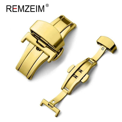 Stainless steel butterfly buckle watch strap with button closure and metal clasp, available in 14mm, 16mm, 18mm, 20mm, and 22mm bands. Parallel import.