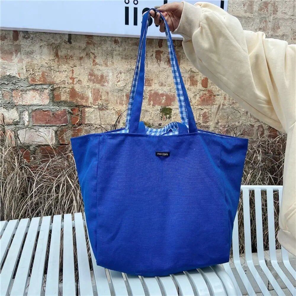 Women's Canvas Shoulder Bag, Check Pattern, Double-Sided, Large Capacity, Handbag, Shopping, Portable, All-Season, Foldable, Parallel Import