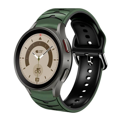 Compatible with Samsung Galaxy Watch 5 Pro (45mm), 6/5/4 (40mm), and 44mm. Two-tone silicone strap with no-grip. Compatible with Galaxy Watch 6/4 Classic (47mm), 43mm. Band Color: Compatible with Galaxy Watch 4, 5, 6, and 7. Parallel import.