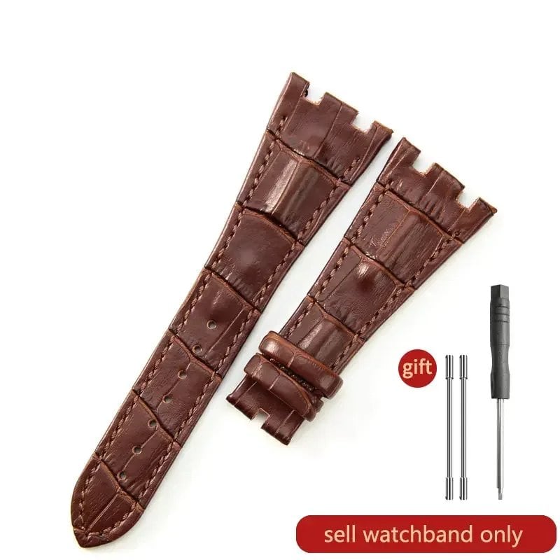 Sweat-resistant cowhide leather watch strap with folding buckle for AP Royal Oak Offshore models 15710, 15703, 15706, 26470, 26170, 26133, 26471, and 26474. Band Color: Brown; Band Width: 28mm. Imported.