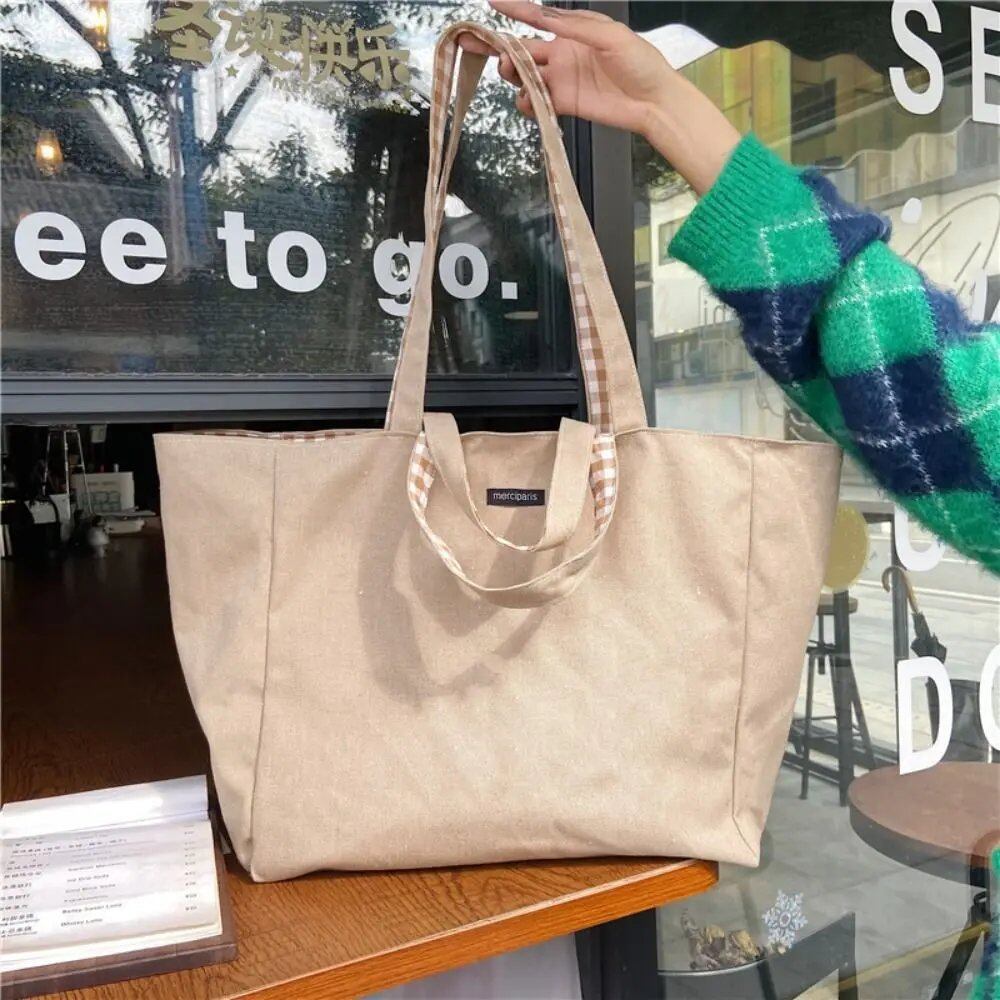 Women's Canvas Shoulder Bag, Check Pattern, Double-Sided, Large Capacity, Handbag, Shopping, Portable, All-Season, Foldable, Parallel Import