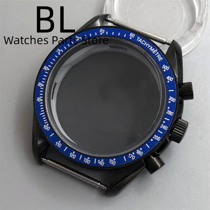 BLIGER 40mm Black PVD VK63 Watch Case with Black, Blue, Red, Green, and Silver Inserts, Acrylic Mirror, and VK63 Movement Assembly and Repair Parts; Dial Diameter: VK63 (Imported)