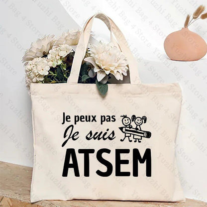 ATSEM フランス語 プレゼント トートバッグ - 教育アシスタント・保育プロフェッショナル向け コンパクトショッピングバッグ 女性用ショルダーバッグ カラー 並行輸入品