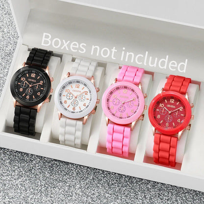 Set of 4 Women's Silicone Watches and Quartz Watches in White, Pink, Red, and Black. Color: Multicolor. Parallel Import.