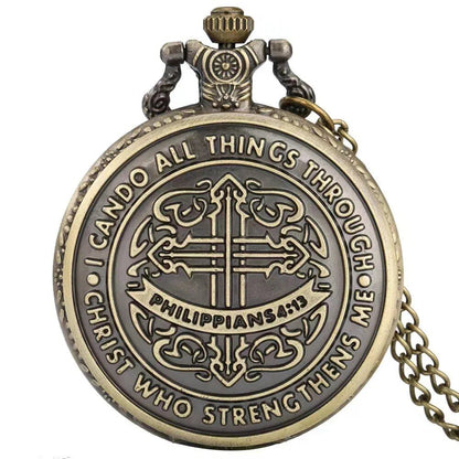 Vintage Style Bible Philippian Jesus Christ Christian Bronze Quartz Pocket Chain Watch for Men and Women, Gift, Fashion Necklace Clock, Color: Bronze, Parallel Import