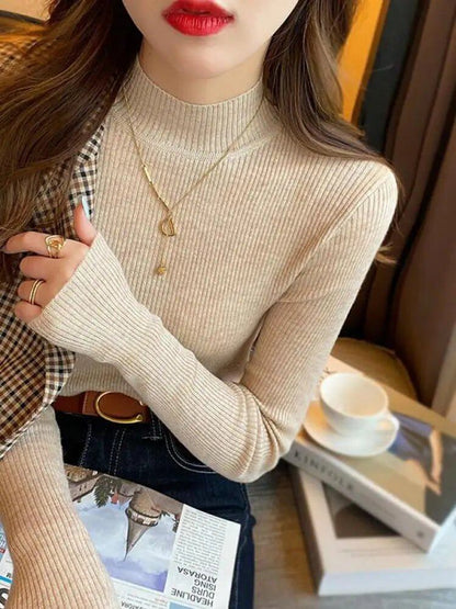 Women's Autumn/Winter Mock Neck Sweater, Vintage Basic Solid Knit Korean Style Top, Casual Slim Pullover Sweater, Simple Chic Jumper, Size: One Size Fits Most; Imported