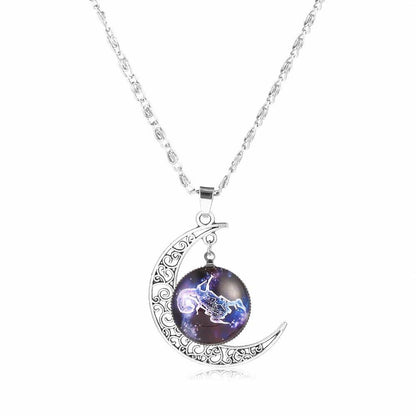 12 Zodiac Signs Glass Dome Crescent Moon Necklace for Women, Stylish Party Jewelry (Compatible with Aries, Taurus, Cancer, Aquarius, and Pisces), Metal Color, Parallel Import