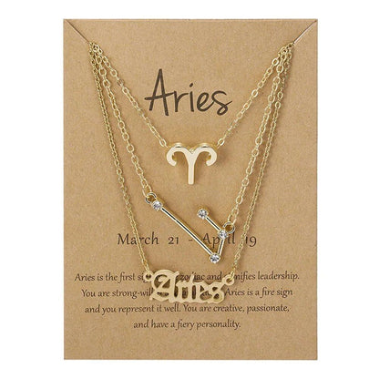 Set of 3 Women's 12 Zodiac Sign Necklaces with Pendant Chains, Chokers, Birthday Jewelry, Cardboard Cards, 45cm Long; Metal Color: 6252, Parallel Import