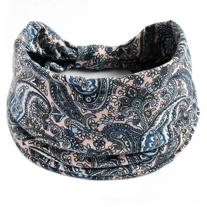 New Boho Floral Print Wide Headband with Vintage Knot Elastic Turban Headwrap for Women and Girls, Cotton Soft Bandana Hair Accessory, Parallel Import