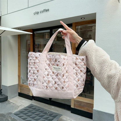 シンプルでカジュアルな可愛い花柄レディースハンドバッグ おしゃれなパッチワークコーデュロイショルダーバッグ 大容量女性用トートバッグ  並行輸入品