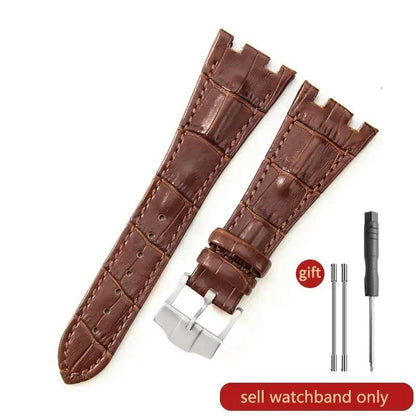 Sweat-resistant cowhide leather watch strap with folding buckle for AP Royal Oak Offshore models 15710, 15703, 15706, 26470, 26170, 26133, 26471, and 26474. Band Color: Brown; Band Width: 28mm. Imported.