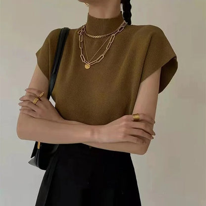 [SALE] 1-Piece Shirt &amp; Blouse, Office Lady, Summer, Women's, Stand Collar, Knit Vest, Loose, Elegant Top, Short Sleeve, One Size; Parallel Import