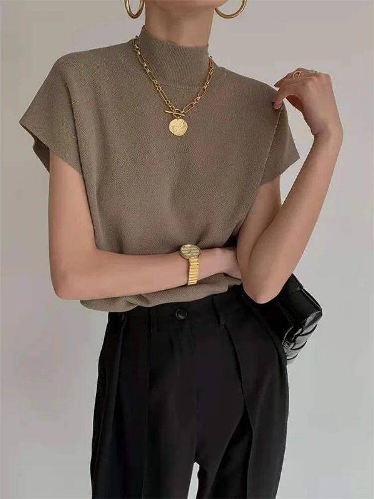 [SALE] 1-Piece Shirt &amp; Blouse, Office Lady, Summer, Women's, Stand Collar, Knit Vest, Loose, Elegant Top, Short Sleeve, One Size; Parallel Import