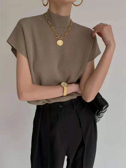 [SALE] 1-Piece Shirt &amp; Blouse, Office Lady, Summer, Women's, Stand Collar, Knit Vest, Loose, Elegant Top, Short Sleeve, One Size; Parallel Import