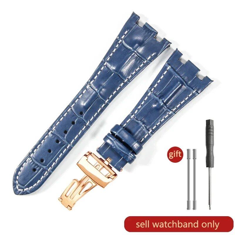 Sweat-resistant cowhide leather watch strap with folding buckle for AP Royal Oak Offshore models 15710, 15703, 15706, 26470, 26170, 26133, 26471, and 26474. Band Color: Brown; Band Width: 28mm. Imported.