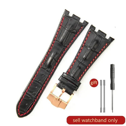 Sweat-resistant cowhide leather watch strap with folding buckle for AP Royal Oak Offshore models 15710, 15703, 15706, 26470, 26170, 26133, 26471, and 26474. Band Color: Brown; Band Width: 28mm. Imported.