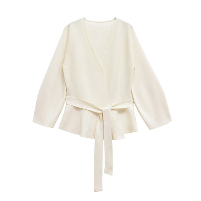 TRAFSHE Women's Spring Belted Knit Blazer with Shoulder Pads, Retro V-Neck, Long Sleeves, Multi-Coat, Size 9598/128, Parallel Import