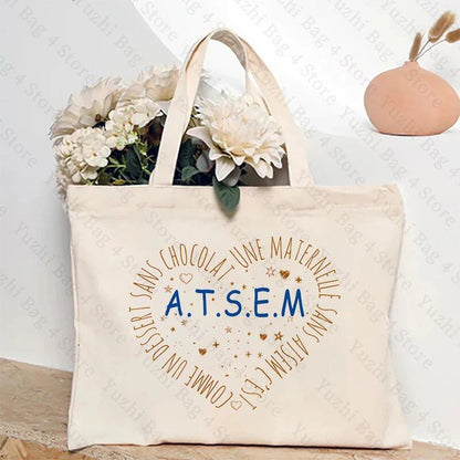 ATSEM フランス語 プレゼント トートバッグ - 教育アシスタント・保育プロフェッショナル向け コンパクトショッピングバッグ 女性用ショルダーバッグ カラー 並行輸入品