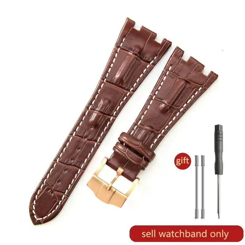 Sweat-resistant cowhide leather watch strap with folding buckle for AP Royal Oak Offshore models 15710, 15703, 15706, 26470, 26170, 26133, 26471, and 26474. Band Color: Brown; Band Width: 28mm. Imported.