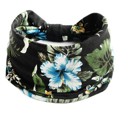 New Boho Floral Print Wide Headband with Vintage Knot Elastic Turban Headwrap for Women and Girls, Cotton Soft Bandana Hair Accessory, Parallel Import